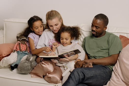 parents reading a potty training book with their toddler